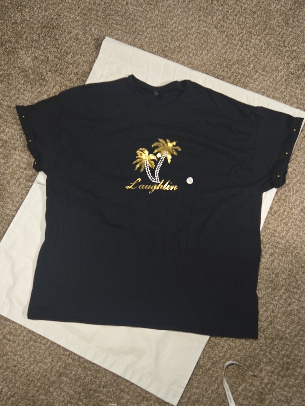 Black Womens  Pearl Palm Tree Graphic Tee with Gold Foil